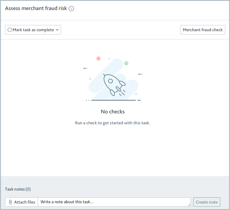 Assess merchant fraud risk task showing no checks have been run.