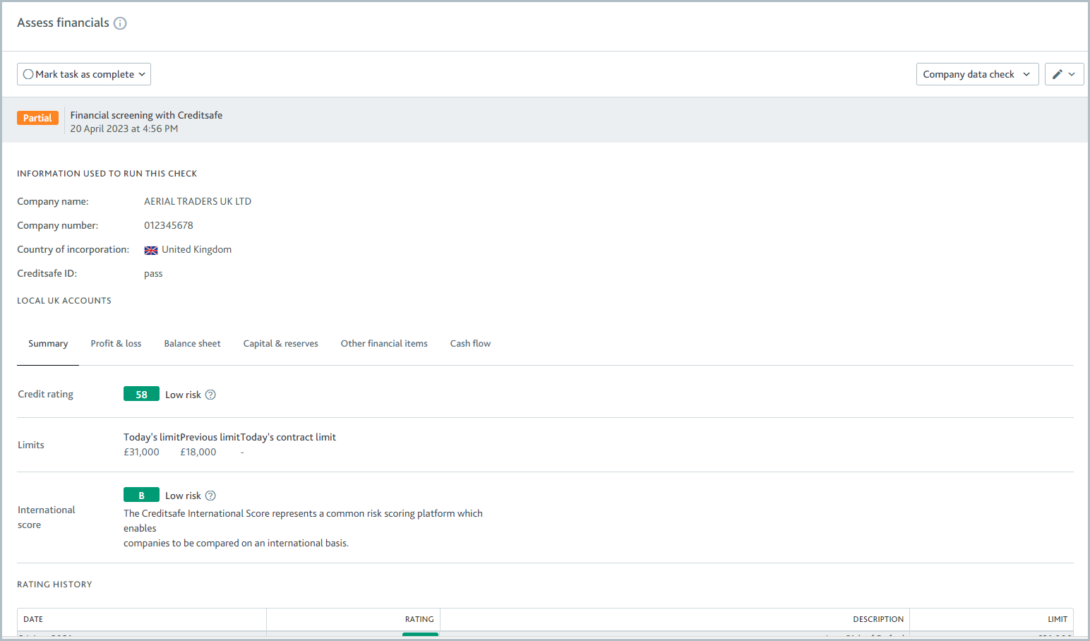 Assess financials task with a financial screening check.