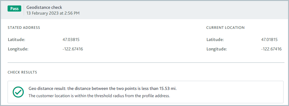 Verify address task showing a geodistance check which has passed.