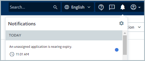 Notifications drop-down showing a notification that an unassigned application is nearing expiry.