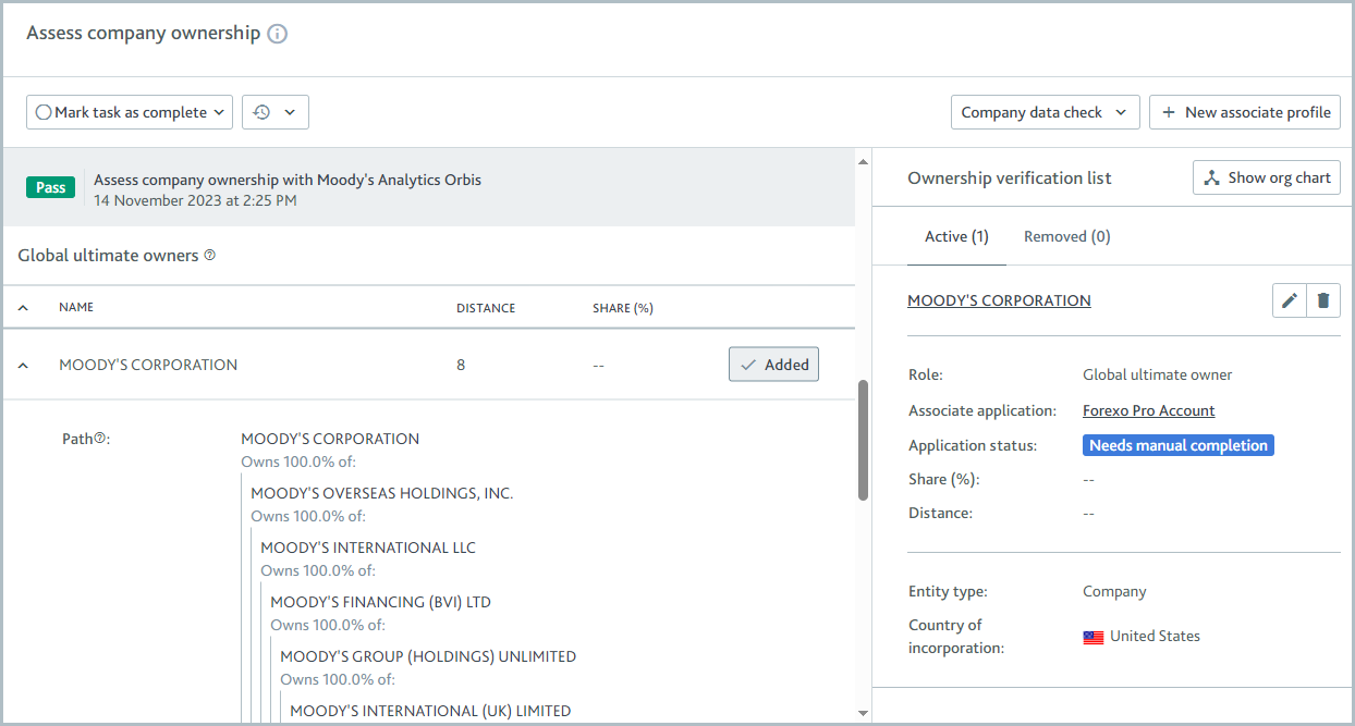 Assess company ownership task showing the path to the onboarding company from the global ultimate owner.