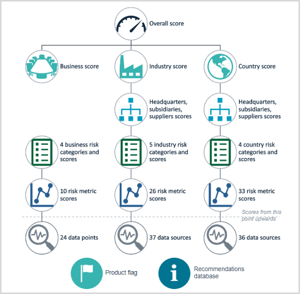 A diagram of the contributory factors leading to the overall score in the Forced labor risk assessment.