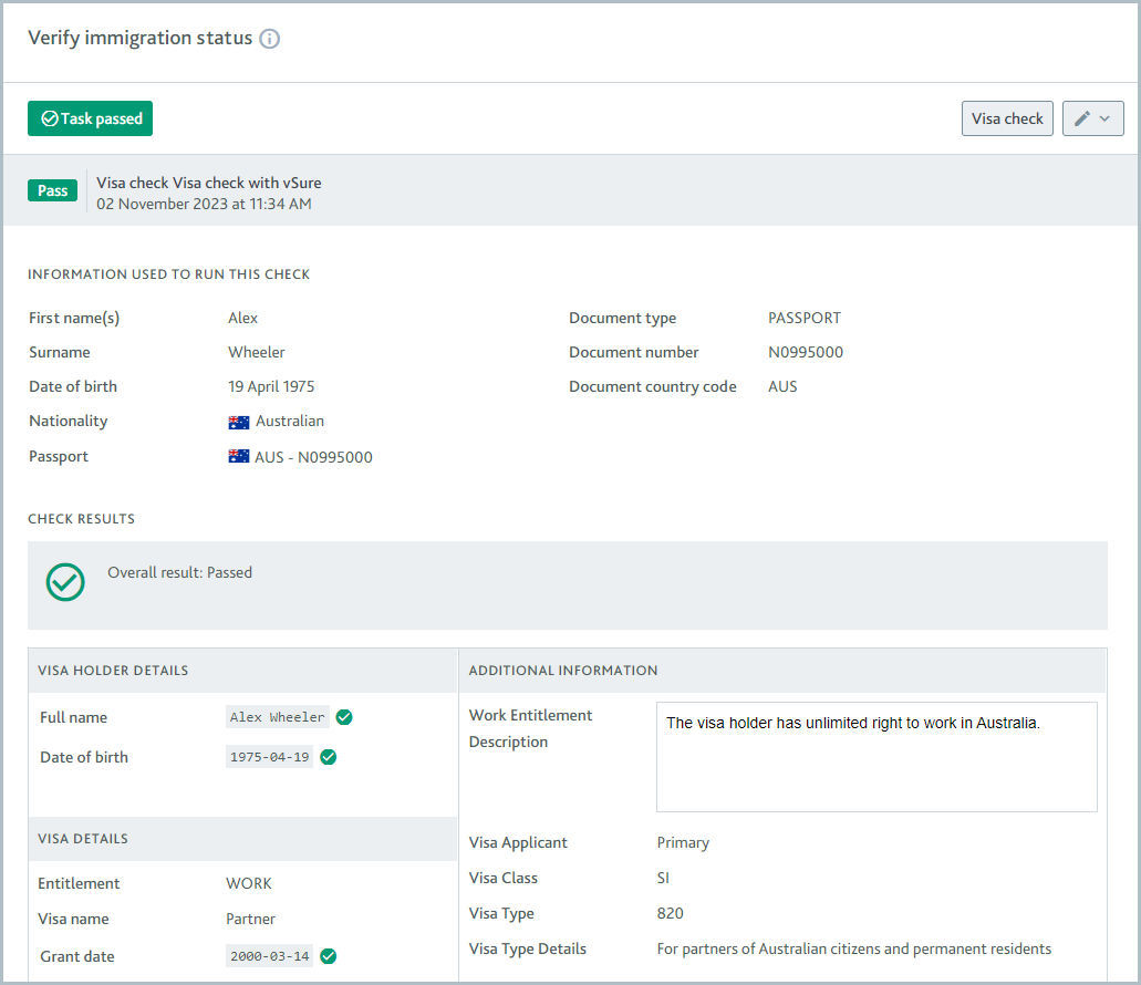 Verify immigration status task with a completed visa check that has passed.