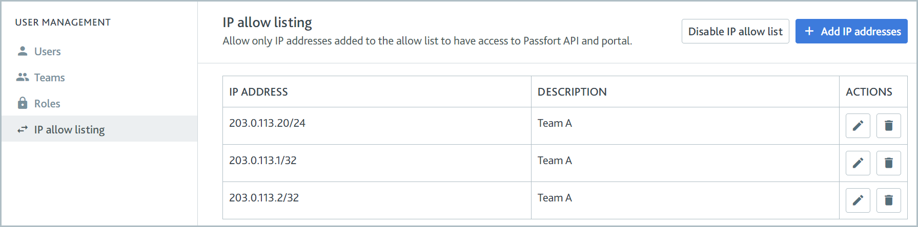 IP allow listing page showing IP addresses that have been allowed to access Passfort.