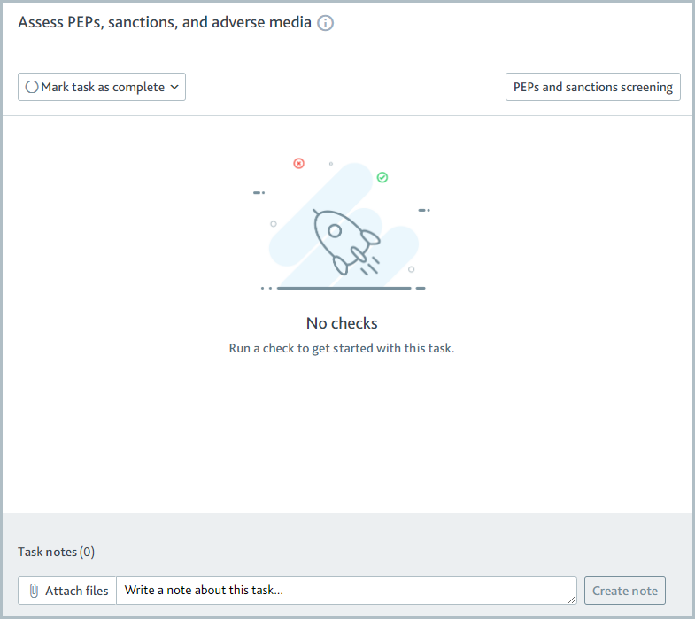 Assess PEPs, sanctions, and adverse media task showing no checks run.