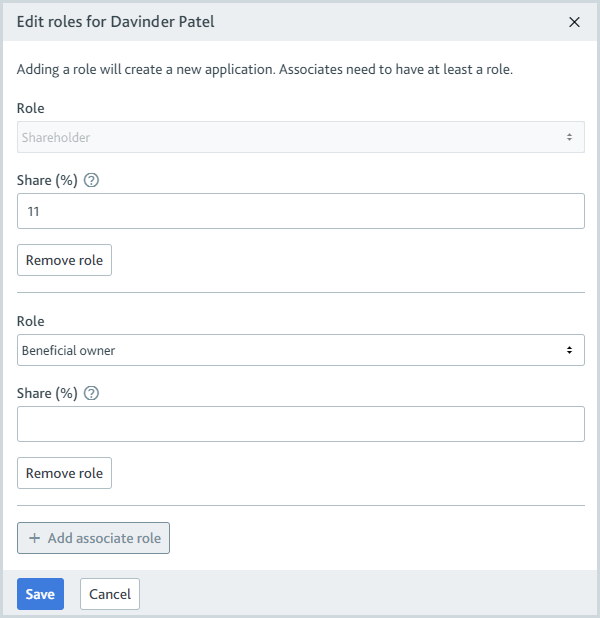 Edit roles dialog for an associate.