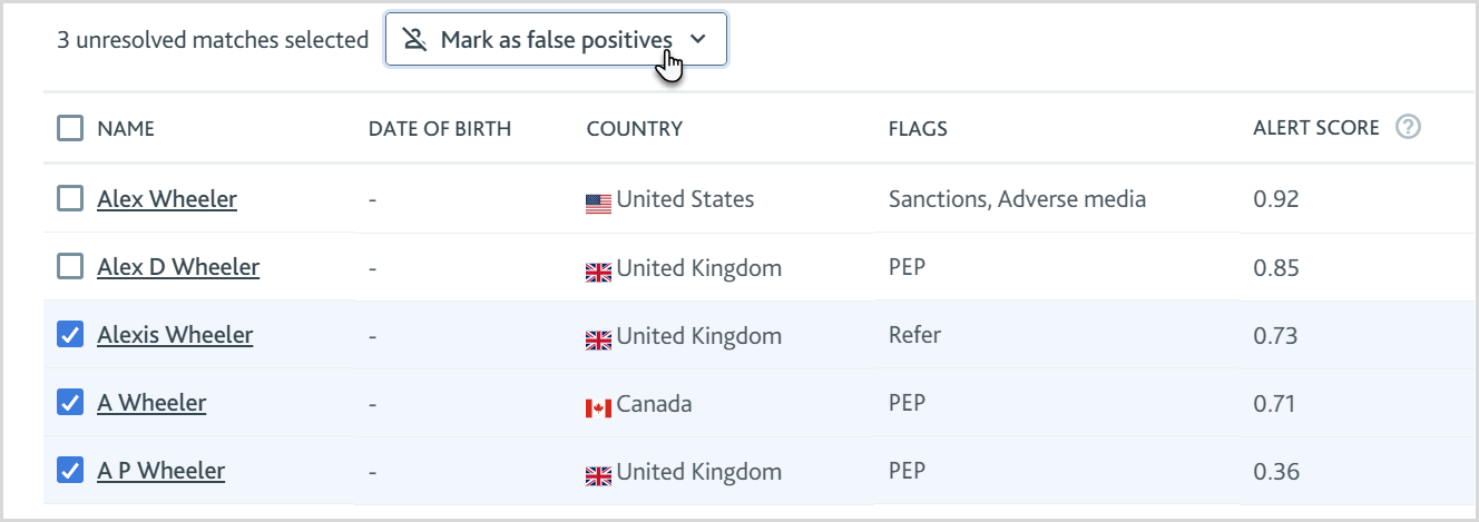 Unresolved matches list showing multiple matches selected and the mouse hovering over the Mark as false positives button.