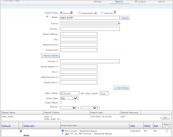 Grid Search tool showing matches returned for a name.