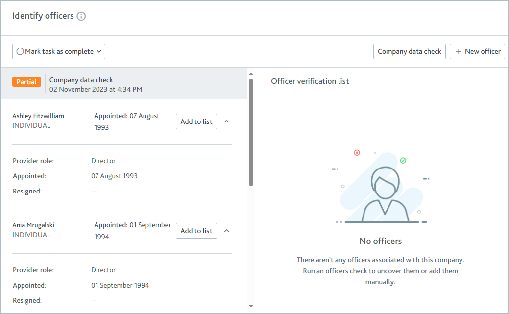 Identify officers task page showing imported associates.