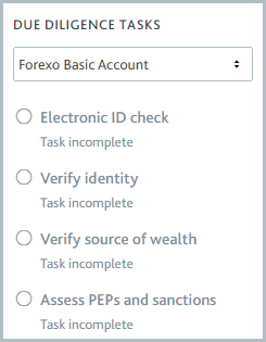 List of due diligence tasks required for the selected application.