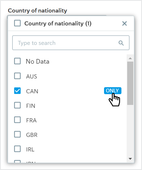 Reporting_Country of nationality filter select only