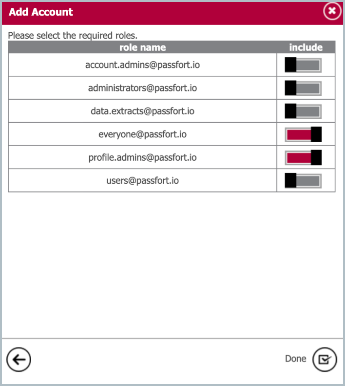 Selecting the required roles for GBGID3 Global in the Add Account dialog