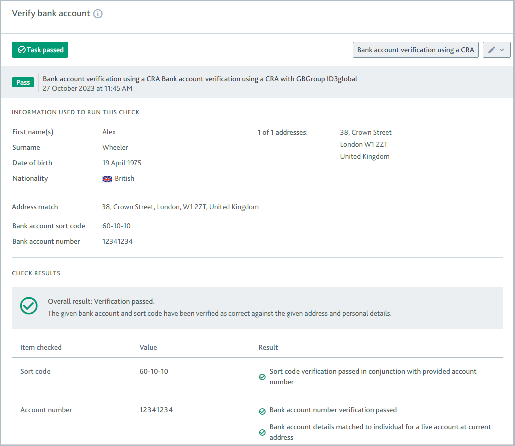 Verify bank account task showing a bank account verification check which has passed.