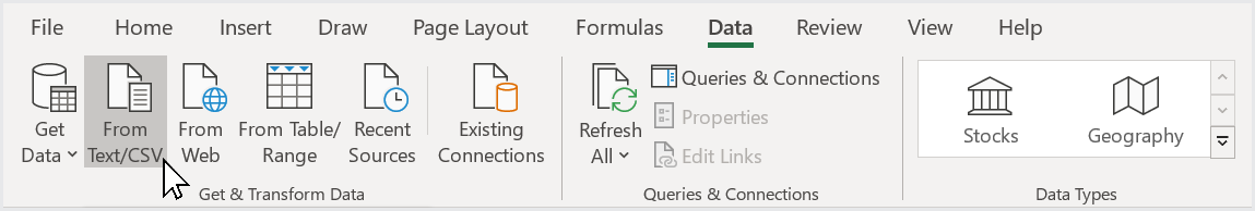 Excel From Text/CSV menu option