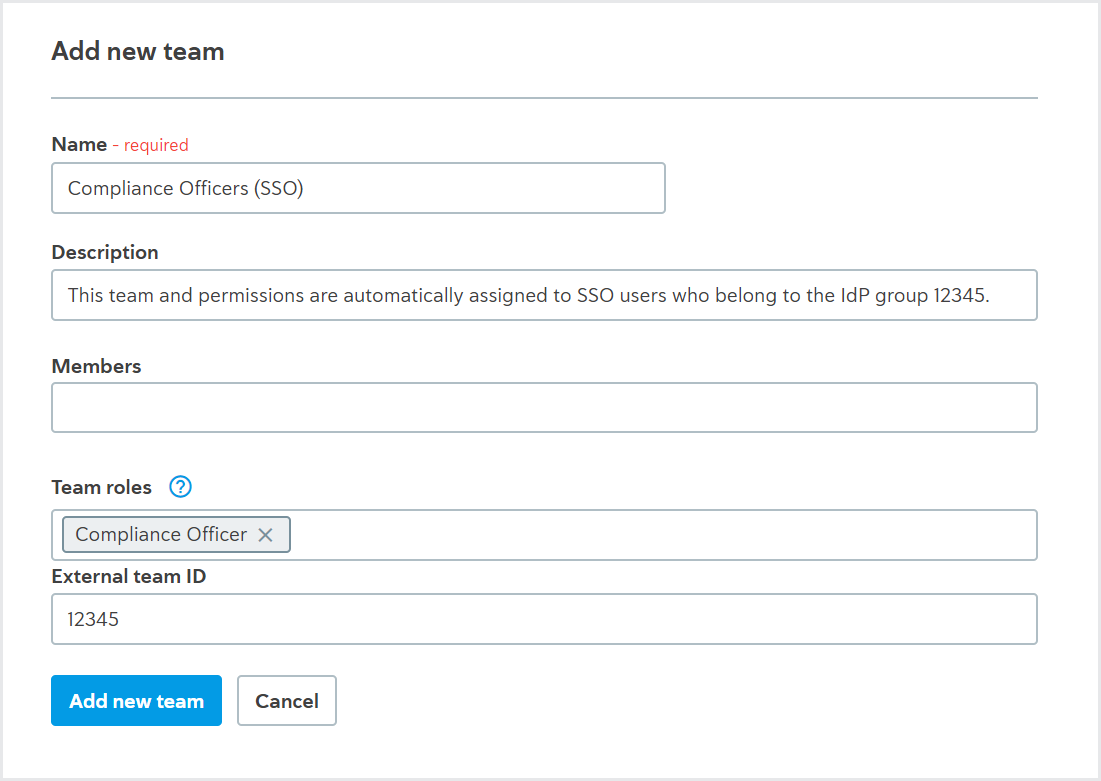 Add new team form with SSO enabled, including the External team ID field.