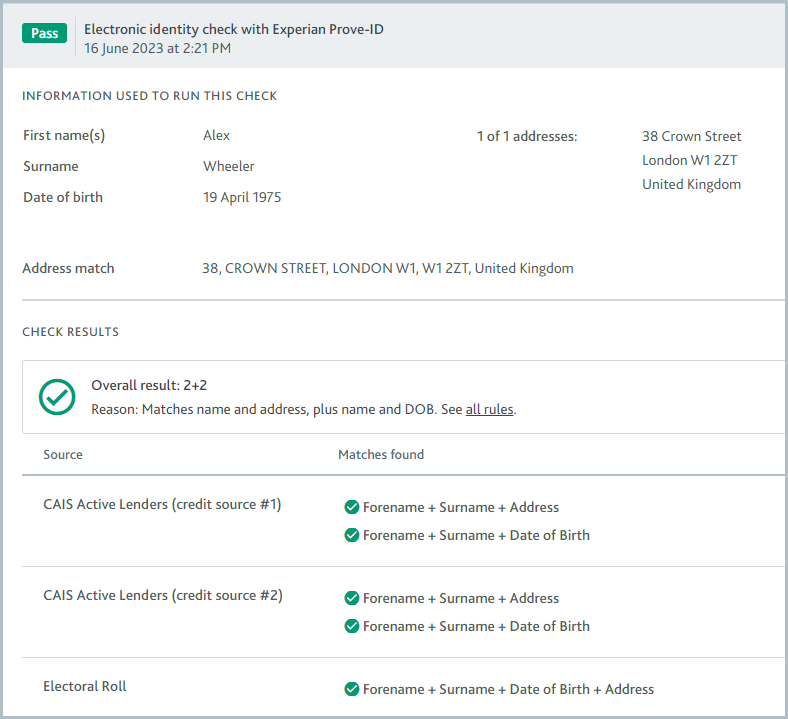 Electronic identity check results showing check has passed.