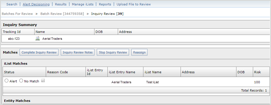 Screenshot of an alert in ICAD for an inquiry matching an entry on an alertable/restricted iList.