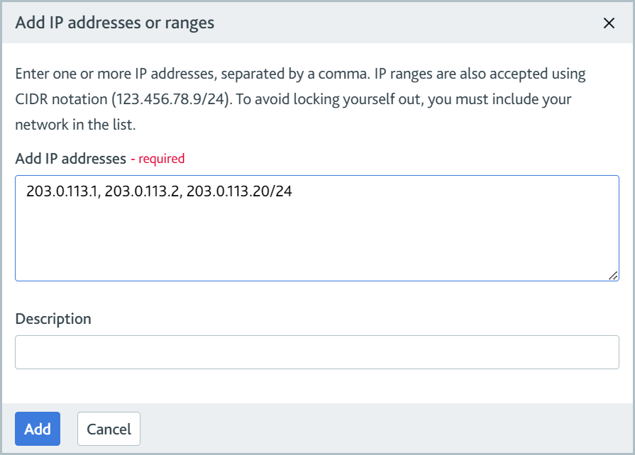 Add IP addresses or ranges dialog.