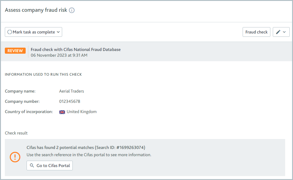 Assess company fraud risk task with company fraud check review result.