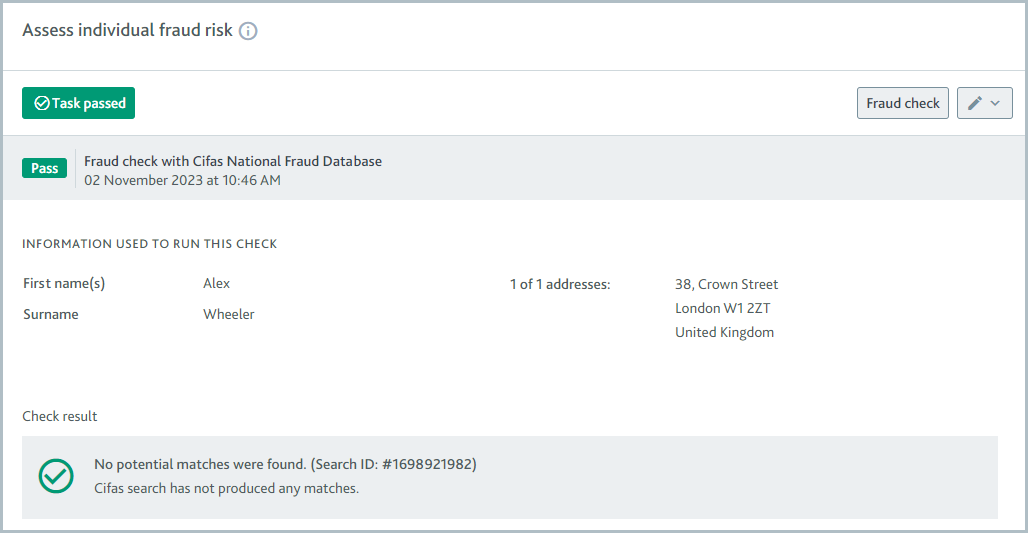 Assess individual fraud risk task with a completed fraud check that has passed.