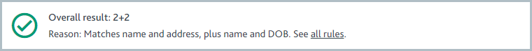 Electronic identity check overall result showing a 2+2 match.