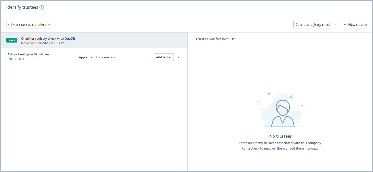 Identify trustees task with the charities registry check.