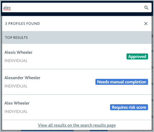 Search results showing profiles found for the search term 'alex'