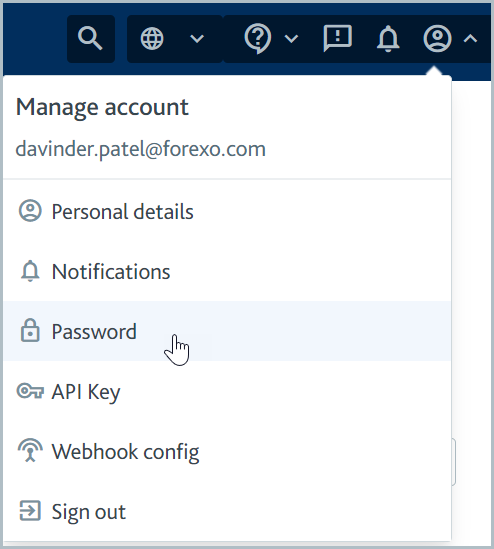 Manage account menu with mouse hovering over Password option.