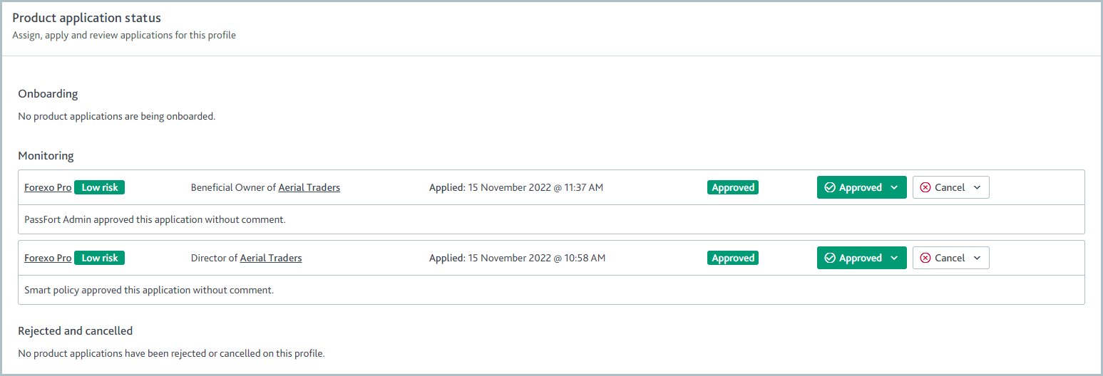 Product application approval status for a company associate.