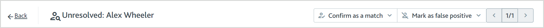 Header on the portfolio page for a potential individual screening match, showing the Confirm as a match and Mark as false positive resolution buttons.